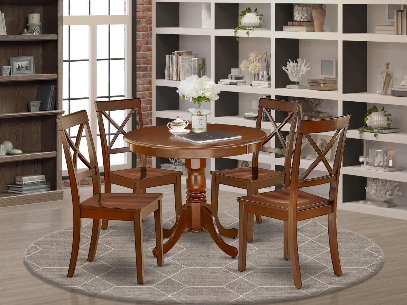 East West Furniture Anbo5-Mah-W 5 Piece Dinette Set For 4 Includes A Round Kitchen Table With Pedestal And 4 Dining Room Chairs, 36X36 Inch, Mahogany